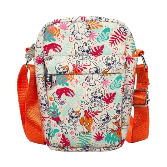 Disney Handbags - 🧡STITCH AND ANGEL WITH SCRUMP FLORAL COLLAGE IVORY MULTI COLOR CROSSBODY BAG🧡‎